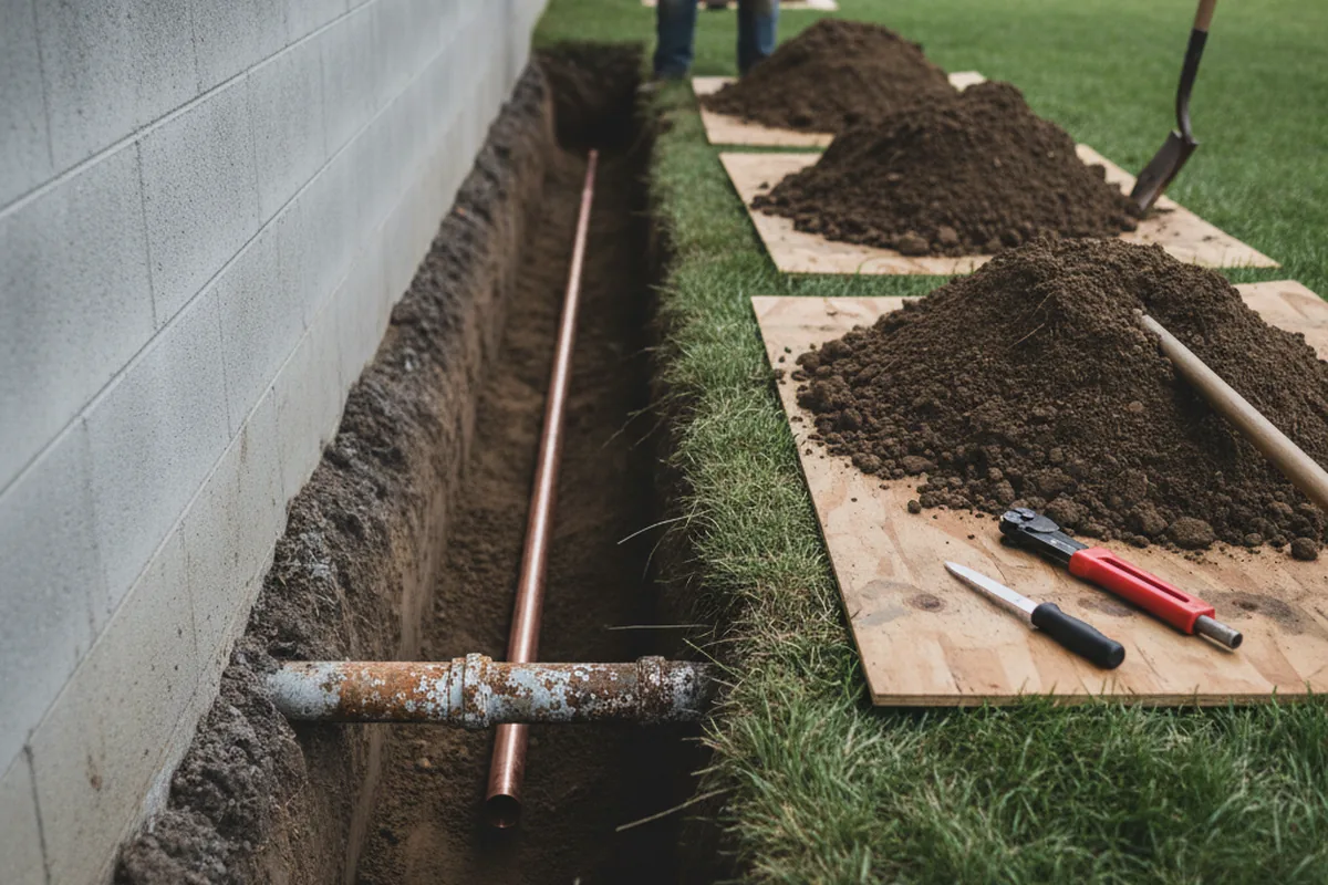 Excavated water line trench during Water Heater Repair in Dennis